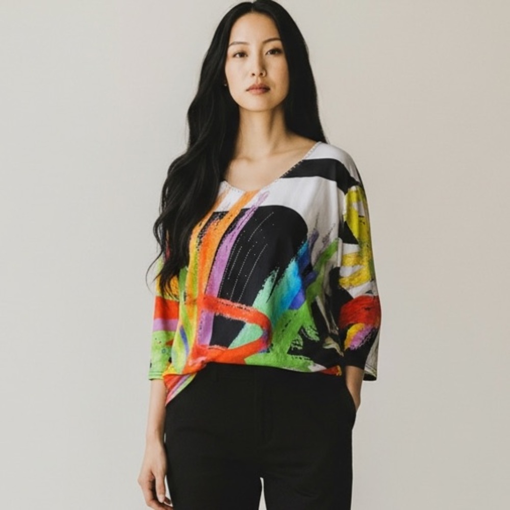 Valentina 3/4 Sleeve Abstract Geometrical Scoop Neck Top Women’s Size XL